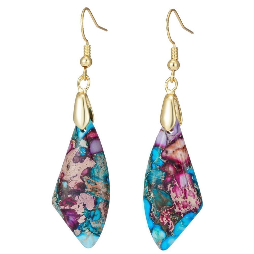 18K Yellow Gold with Natural Imperial Blue Purple Jasper Stone Hook Earrings